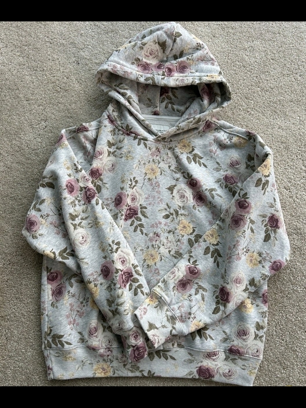 ISO Abercrombie & Fitch Floral Hooded Sweatshirt in Heather Gray with Rose Print